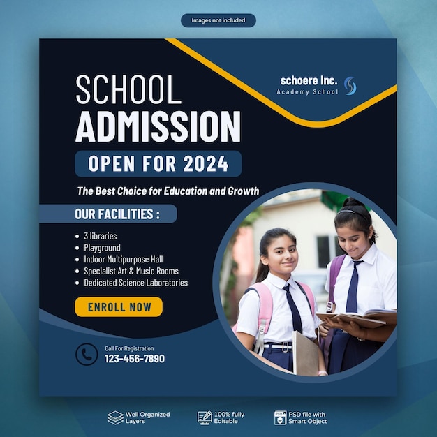 Free psd school admission social media post and instagram post template