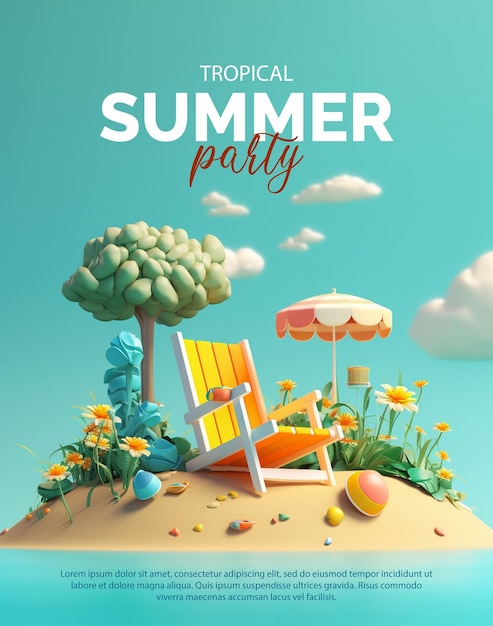 Free psd summer sale banner poster with 3d summer element composition