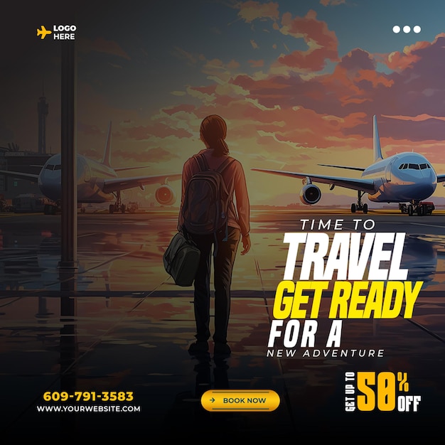 Free psd time to travel agency social media post template