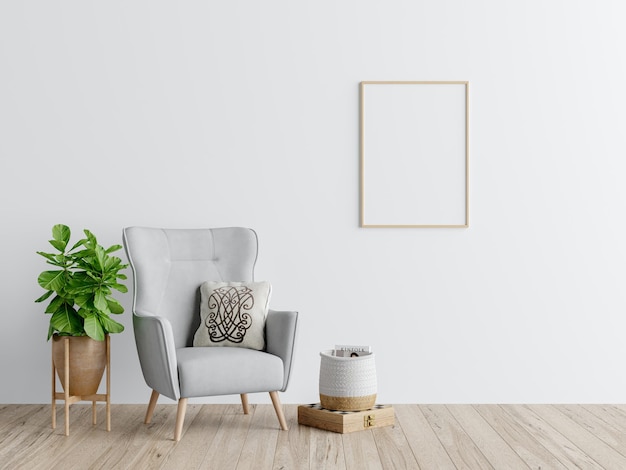 PSD free psd a white wall with a picture frame mockup and a chair in the corner