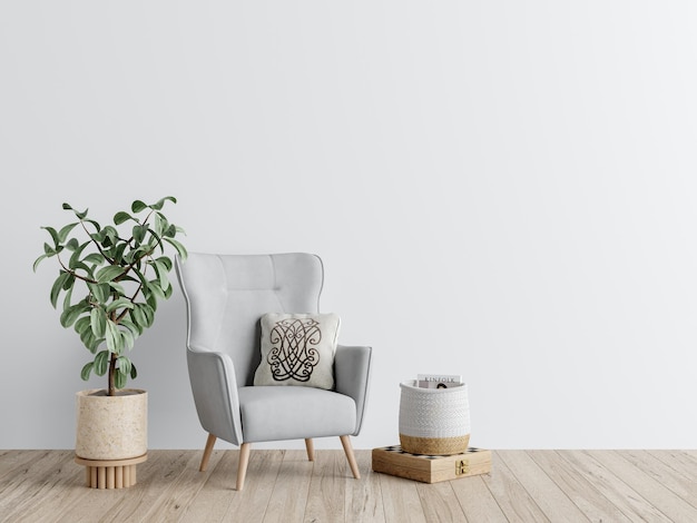 Free psd a white wall with a plant in it and a chair with a pillow on it