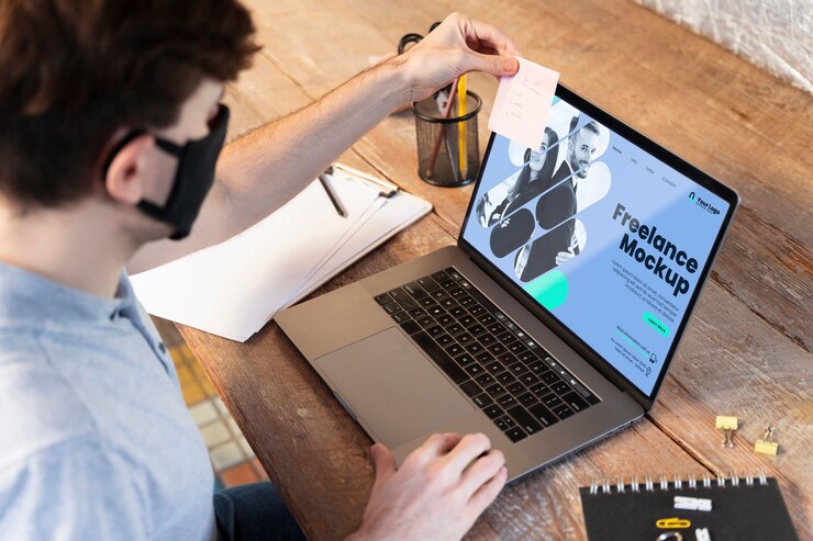 PSD freelancer with medical mask working