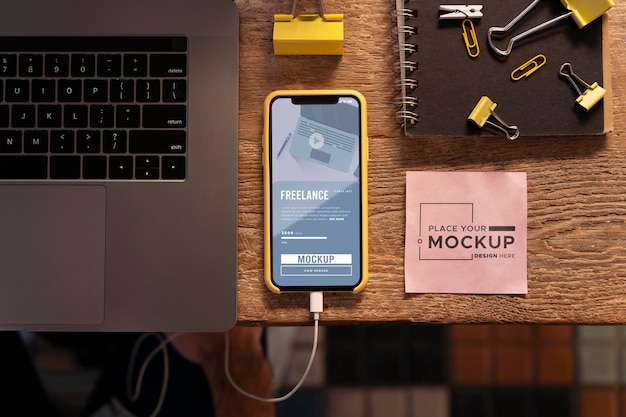 Freelancing job arrangement with phone mock-up