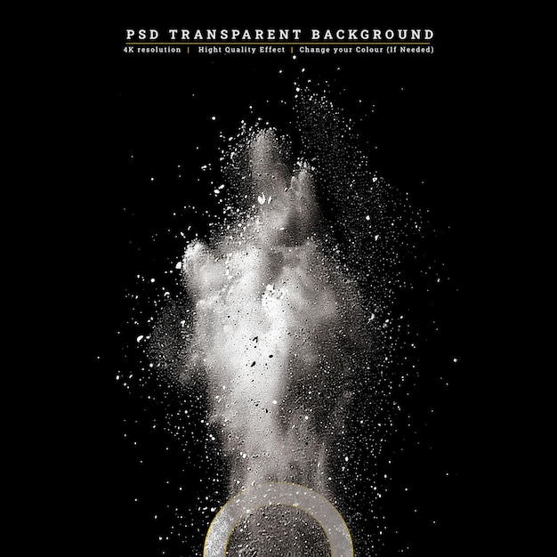 PSD freeze motion of white dust explosion on black backgroundexplosive powder white on black background