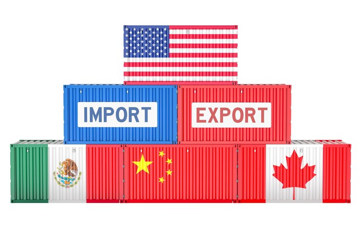 PSD freight containers stack with the usa canadian mexican and chinese flags import and export concept 3d rendering isolated on transparent background