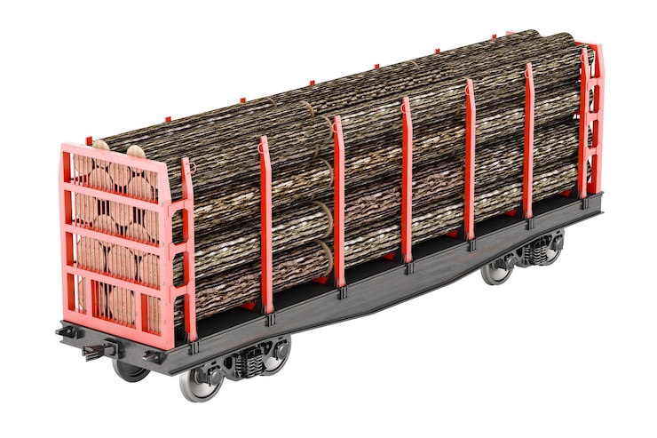PSD freight wagon full of timber 3d rendering isolated on transparent background