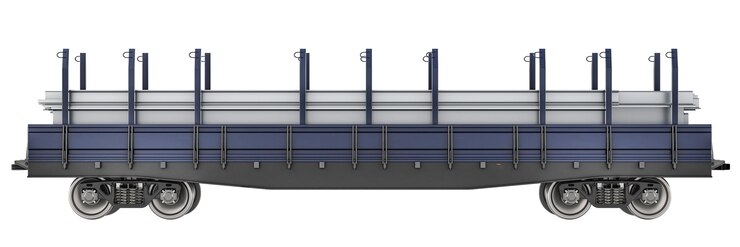 PSD грузовой вагон с стопом прокатных металлических изделий боковой вид 3d рендеринг изолирован