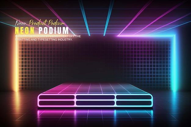 Fremvisning av futuristisk podiescene, mockup-produktpresentasjon med neonbelysning, produktfremvisning
