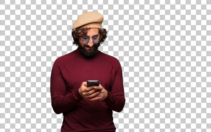 PSD french artist with a beret and a mobile phone