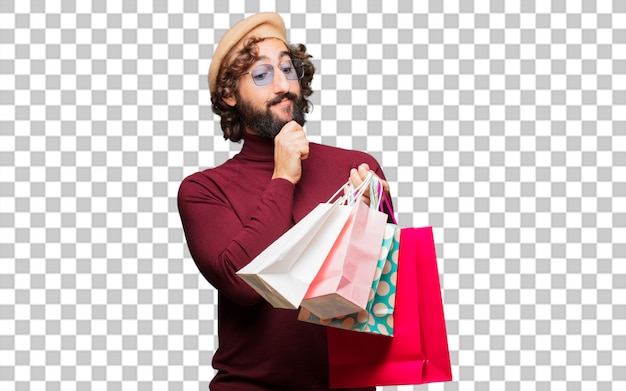 PSD french artist with a beret and shopping bags