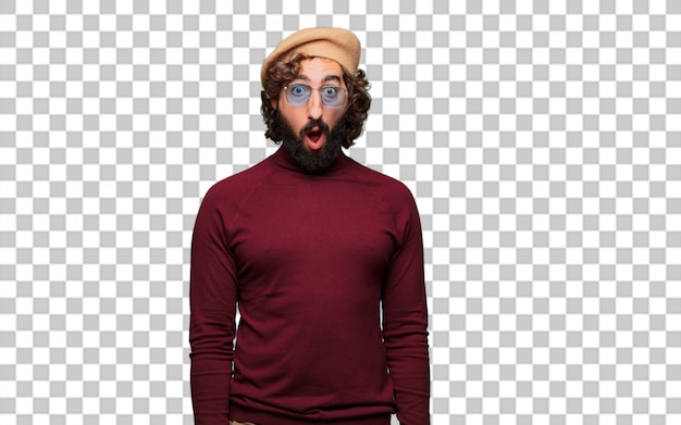 PSD french artist with a beret surprised expression