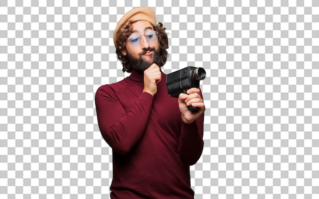 PSD french artist with a beret and vintage movie camera