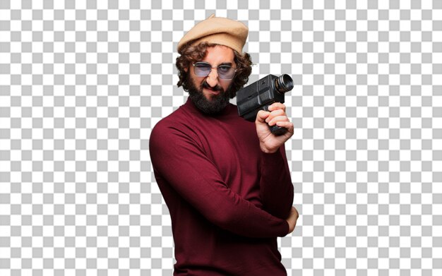 PSD french artist with a beret and vintage movie camera