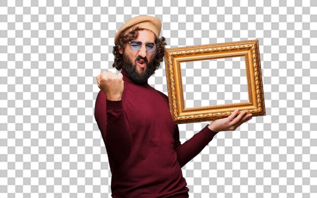 PSD french artist with a beret with a baroque frame