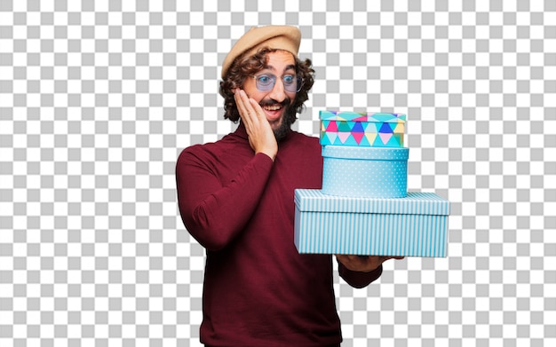 French artist with a beret with gift boxes