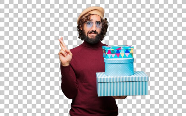 PSD french artist with a beret with gift boxes