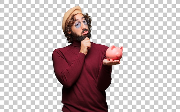 French artist with a beret with a piggy bank