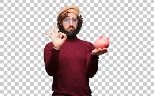 PSD french artist with a beret with a piggy bank