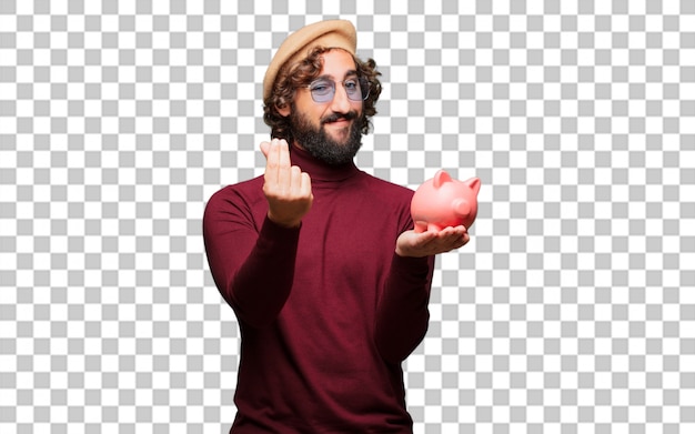 PSD french artist with a beret with a piggy bank