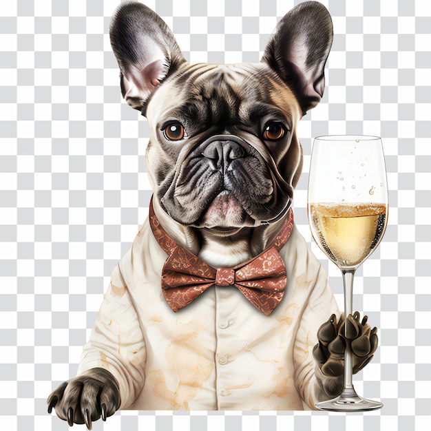 Bulldog francese che beve champagne isolato su trasparente