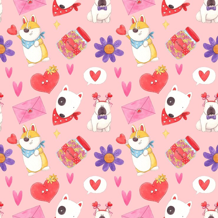 PSD french bulldog letter heart brown and white dog holding heart handdrawn watercolor seamless pattern