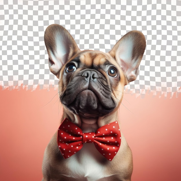 French bulldog puppy with devil horns headband and red bowtie standing and gazing upwards in a studio transparent background