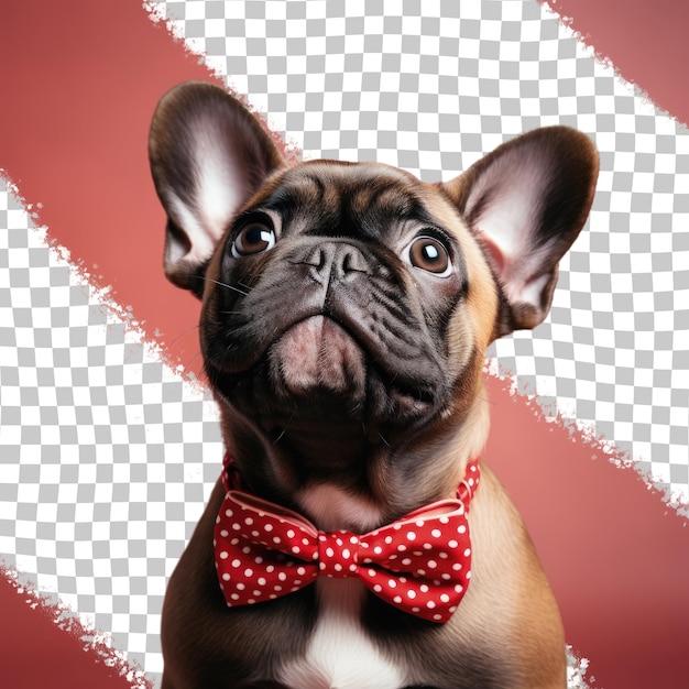 Cucciolo di bulldog francese con fascia a corna di diavolo e papillon rosso in piedi e guardando verso l'alto in uno sfondo trasparente in studio