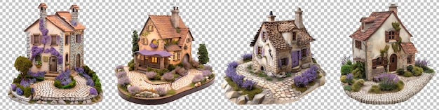 PSD french country model home with lavender fields and a cozy veranda set isolated on transparent background