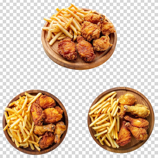 Картофель фри и жареная курица на деревянной тарелке png изолированы на прозрачном фоне