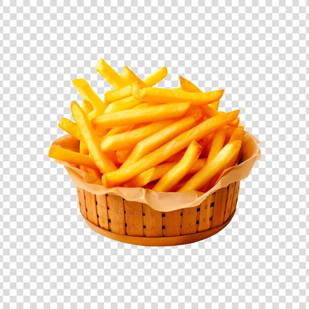 French fries with sauce on a round basket on a transparent background