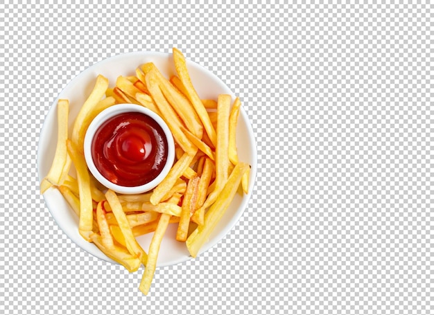 PSD french friesh with ketchup in white plate on alpha layer