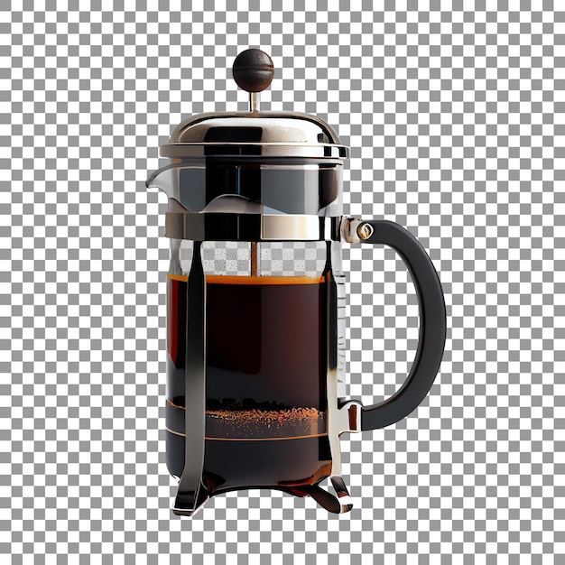 French press coffee maker with coffee on transparent background