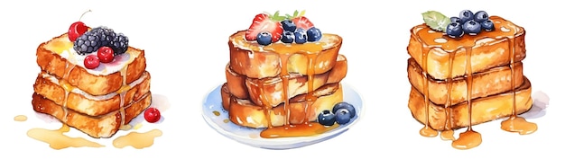 French toast with berries and maple syrup Watercolor hand drawn illustration