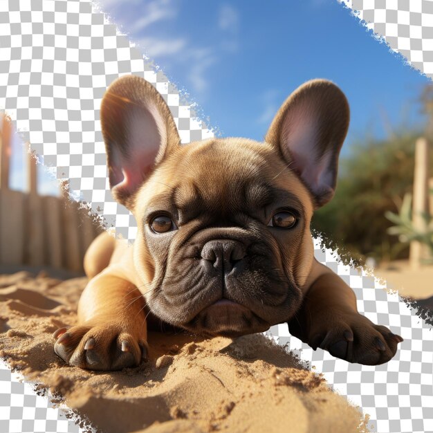 Frenchie resting on a sandy path in the sun transparent background