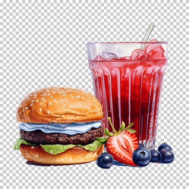 Fresh beef burger with berries smoothie isolated on transparent background