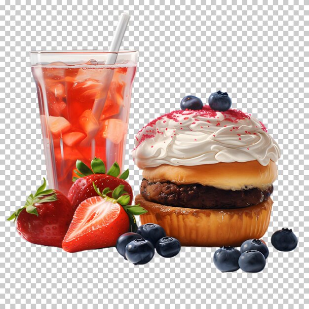 PSD fresh beef burger with berries smoothie isolated on transparent background