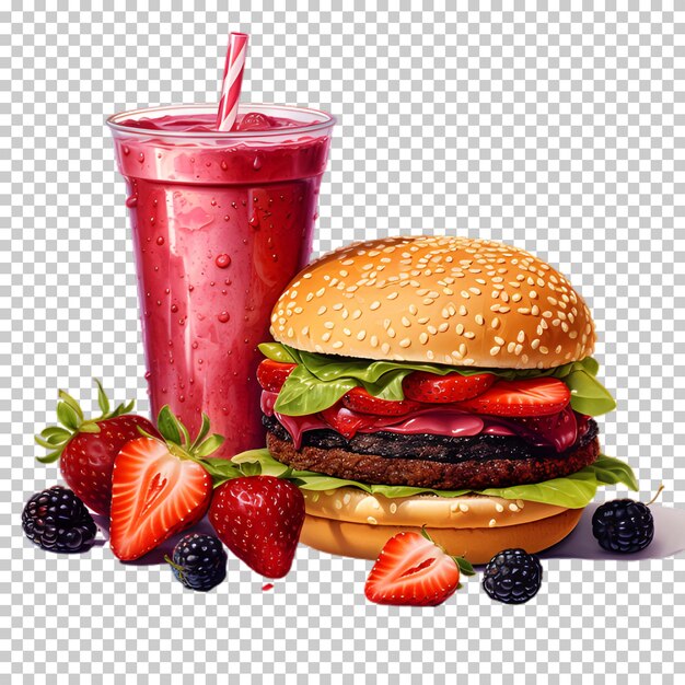 Fresh beef burger with berries smoothie isolated on transparent background