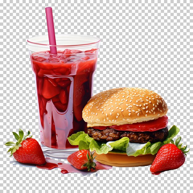 Fresh beef burger with berries smoothie isolated on transparent background