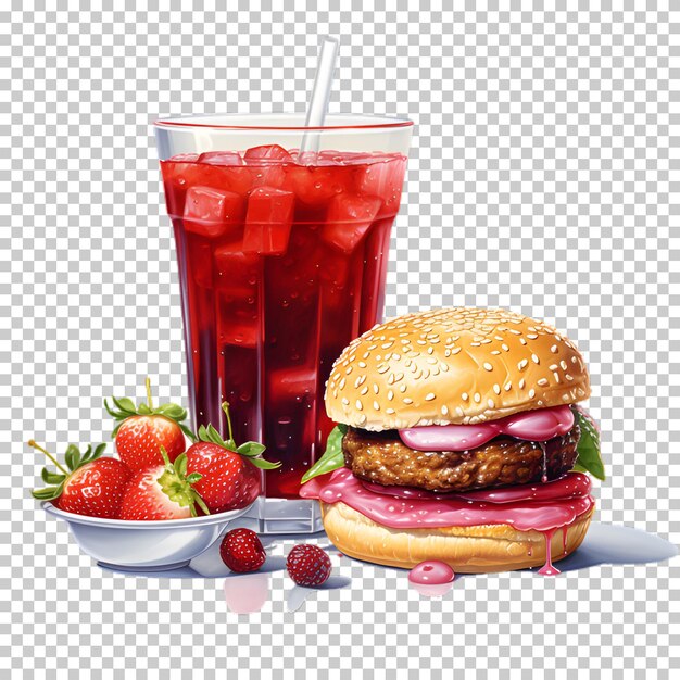 PSD fresh beef burger with berries smoothie isolated on transparent background