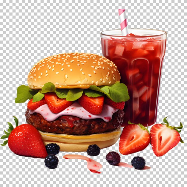 PSD fresh beef burger with berries smoothie isolated on transparent background