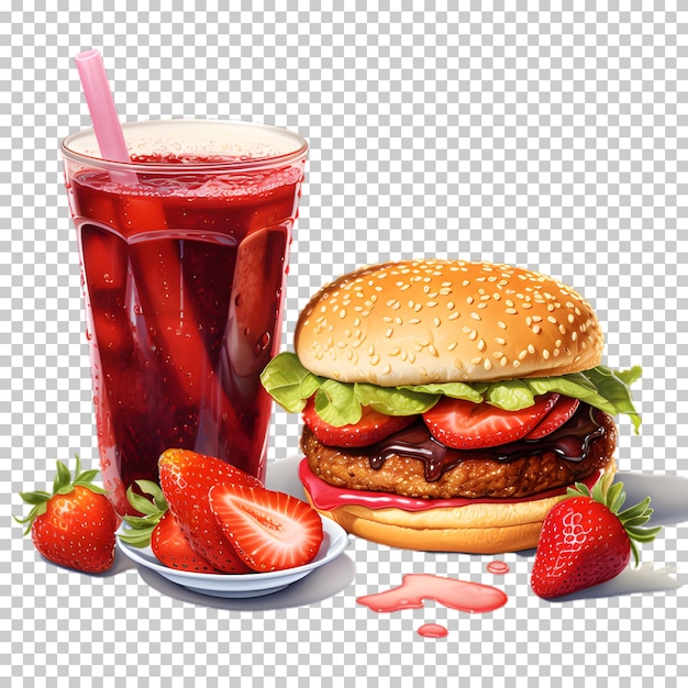 PSD fresh beef burger with berries smoothie isolated on transparent background