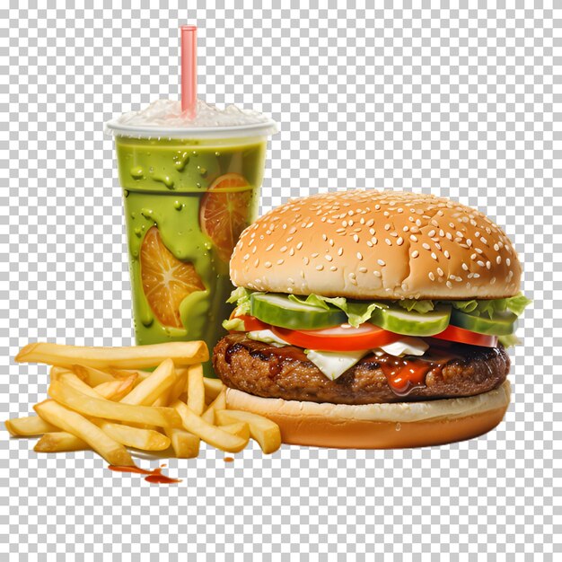 PSD 透明な背景に隔離された緑色のスムージーで新鮮な牛肉ハンバーガー