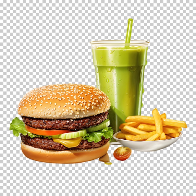 Fresh beef burger with green smoothie isolated on transparent background
