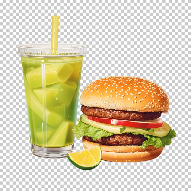 PSD fresh beef burger with green smoothie isolated on transparent background