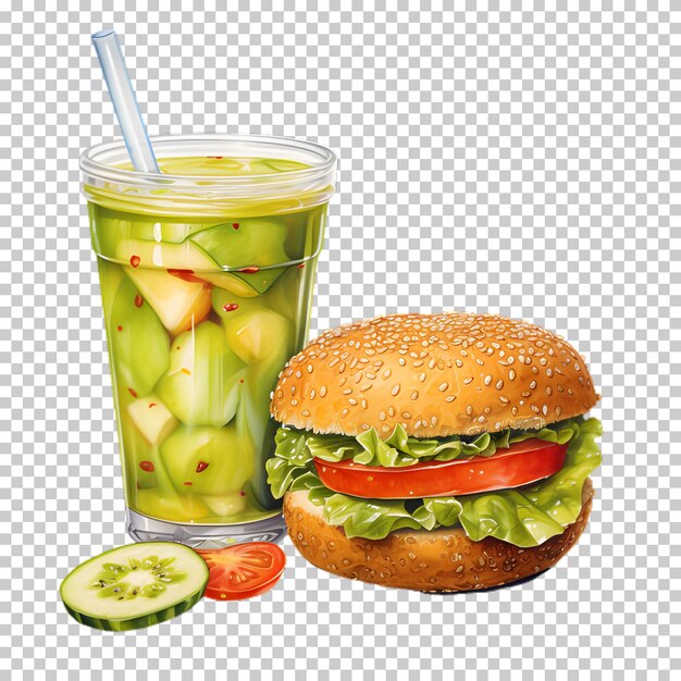 PSD fresh beef burger with green smoothie isolated on transparent background