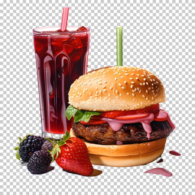 PSD 透明な背景に赤いスムージーを隔離した新鮮な牛肉ハンバーガー