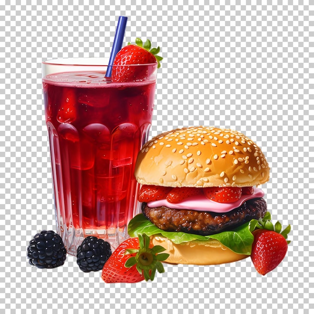 PSD fresh beef burger with red smoothie isolated on transparent background