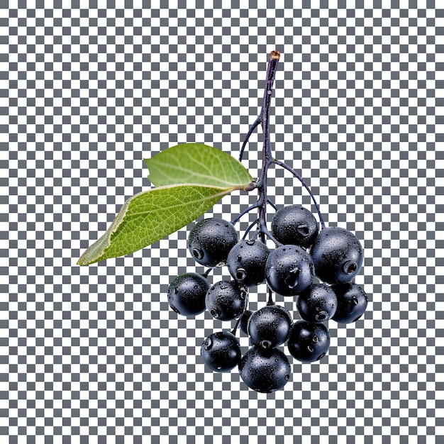透明な背景に茎と葉を持つ新鮮なブラックチョークベリー