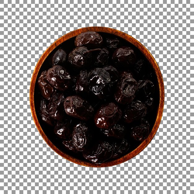 PSD fresh black olives in bowl top view isolated on transparent background