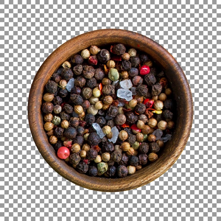PSD fresh black pepper in a wooden bowl with transparent background